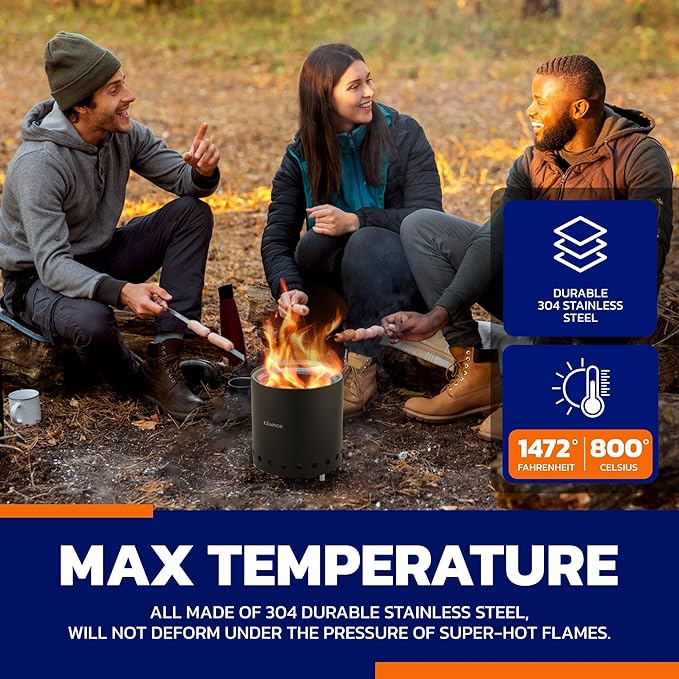 Wood Burning Fire Pit Stove with Black Exterior - Smokeless Outdoor Stove for Efficient Wood Fires, Camping, and Gatherings, Stainless Steel with Removable Ash Pan, Stand and Carry Bag