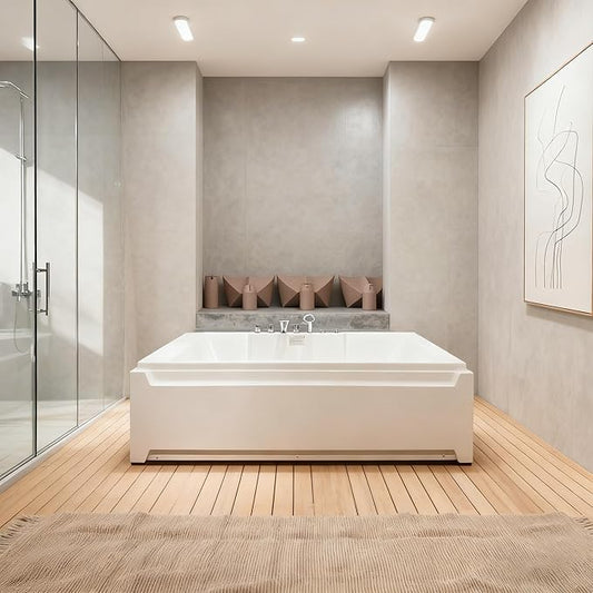 72"x48" Acrylic Jetted Tubs with 8 Whirlpool Nozzles, 2 Person Massage Whirlpool Bathtub with Pillows, 3 Sided Apron Design, Hydro Massage, Color-Changing LED Lights Chromatherapy, Left Drain