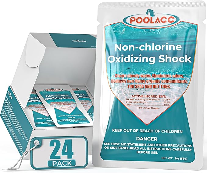 Non-Chlorine Spa Shock Oxidizer for Hot Tub, Chlorine-Free Treatment & Enhanced Oxidizing Shock for Hot Tubs & Spas, Single Dose Packets for Easy Hot Tub Maintenance & Treatment - 24 Packs