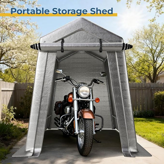6 x 8 FT Carport, Portable Shed w/220G Heavy Duty Waterproof PE Tarp, Roll-up Zipper Door & Vent, Weather-Resistant Storage Shed for Motorcycle, Bike and Tools, Gray
