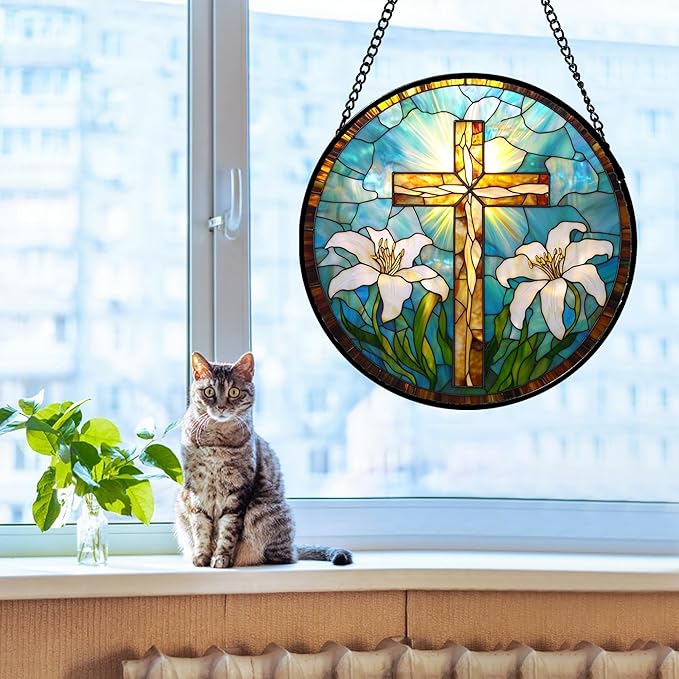 DASTOLL Christian Gifts for Women - Cross Stained Glass Window Hanging Jesus Easter White Lily Flower Sun Catcher Garden Religion Decor Mother's Day Catholic Gift for Men Grandma Mom Her Nana 11.8"