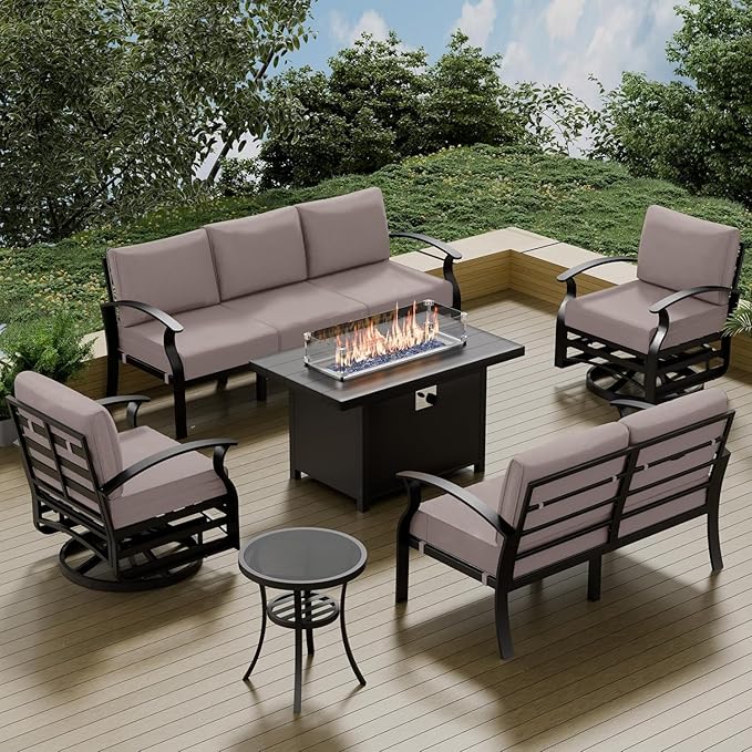 Aluminum Outdoor Furniture Set with Fire Pit Table, 7-Seat Patio Conversation Set Including Swivel Rocker Chairs & Sectional Sofas, All-Weather Metal Frame for Deck, Porch, Backyard,Sand