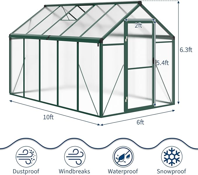 6x10 ft Greenhouse for Outdoors, Polycarbonate Greenhouse with Roof Vent, Ground Nails, Lockable Push Door, Aluminum Large Walk-in Green House for Outside Garden Backyard, Patio, Lawn, Green