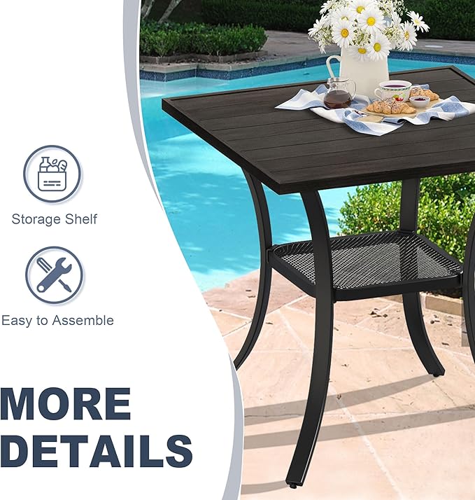VICLLAX Patio Dining Table, Square Table Metal Outdoor Bistro Table with Rack for Balcony Garden Deck, 28inch Ash Grey
