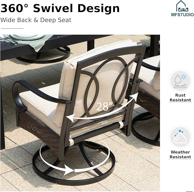 MFSTUDIO Heavy Duty Patio Set with Umbrella, 59'' Metal Rectangular Table & Swivel Chairs & 13ft Umbrella, 7 Pieces Outdoor Dining Furniture with Umbrella, Beige