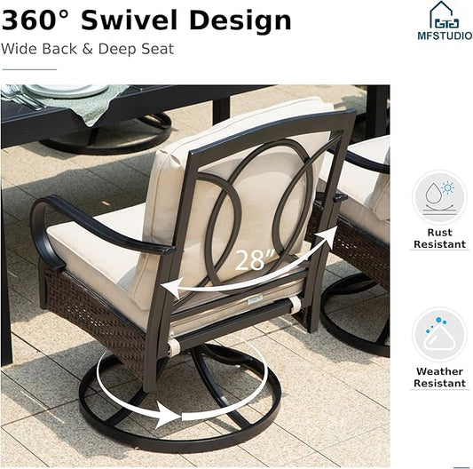 MFSTUDIO Outdoor Dining Sets with Swivel Chairs for 8, Expandable Patio Table and Chairs, Heavy Duty Patio Dining Set for 8, Metal Rectangular Table & Wicker Chair, Bakcyard, Porch