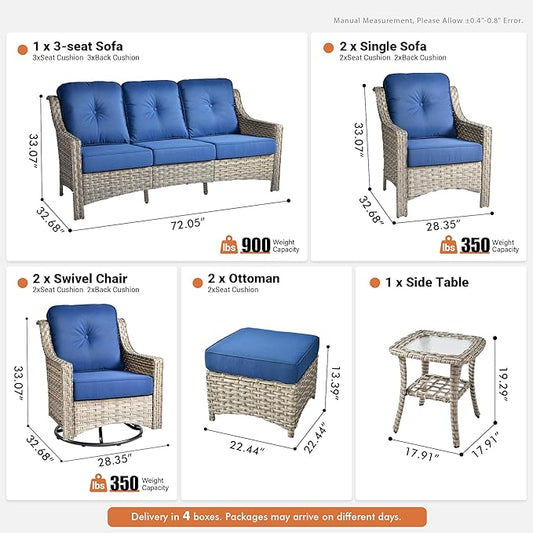 8 Pieces Patio Outdoor Furniture Set with Swivel Rocking Chairs,All Weather Wicker Rattan Patio Seating Sofa and Chair Set w/Ottoman,Outdoor Conversation Sets for Deck Yard Garden,Navy Blue