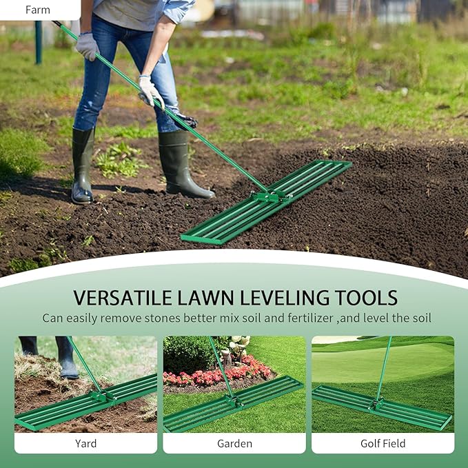 VINGLI Iron Lawn Leveling Rake 48in for Soil Sand Composs, Extended Handle, 180°Rotation Head, with All Handwares, for Yard Garden Golf Field, Green (48in)