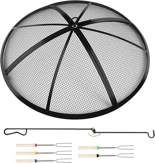 Fire Pit Spark Screen, 24 Inch Outdoor Fire Pit Screen with Foldable Hook and Marshmallow Sticks, Heavy Duty Steel Mesh Fire Pit Cover for Backyard, Beach, RV Camping