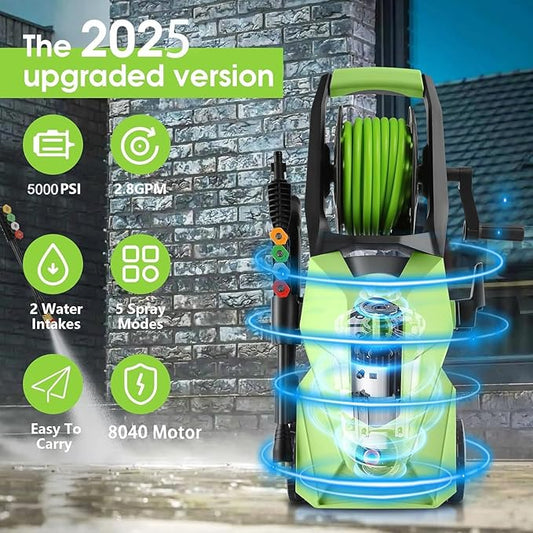 Electric Pressure Washer 5000 PSI,2.8 GPM Power Washer with Foam Cannon,Portable Cleaner with 33ft Hose Reel,4 Nozzle Tips,and Soap Bottle for Cars/Home/Driveways/Patios/Decks/Fences