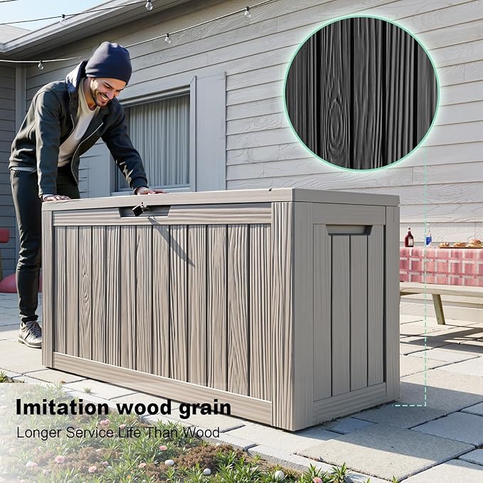 90 Gallon Deck Box Large Outdoor Storage for Patio Furniture,Outdoor Cushions,Garden Tools and Pool Supplies,Waterproof,Resin,Lockable(Grey,90 Gallon)