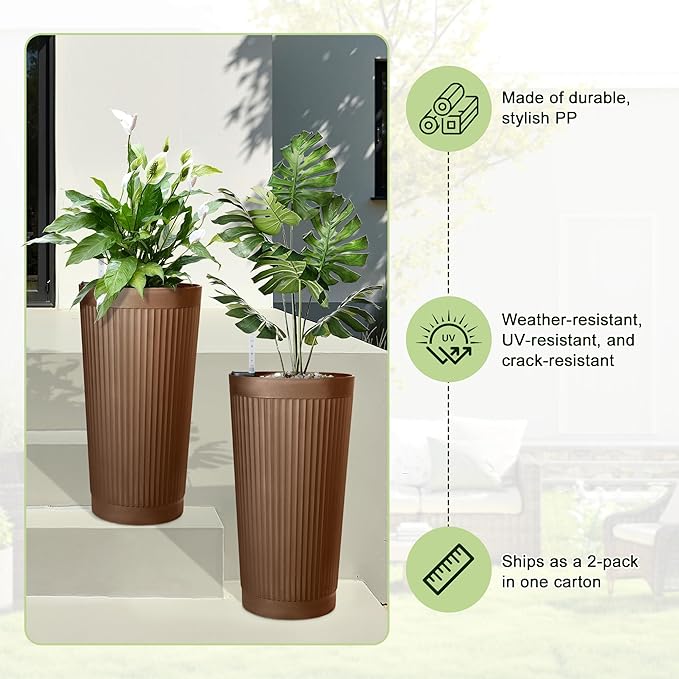 24" Tall Self Watering Planters for Indoor Plants, 2 Pack Large Plastic Outdoor Planter Pots with Built-In Water Reservoir and Level Indicator, Decorative Modern Flower Pots for Home & Patio (Brown)
