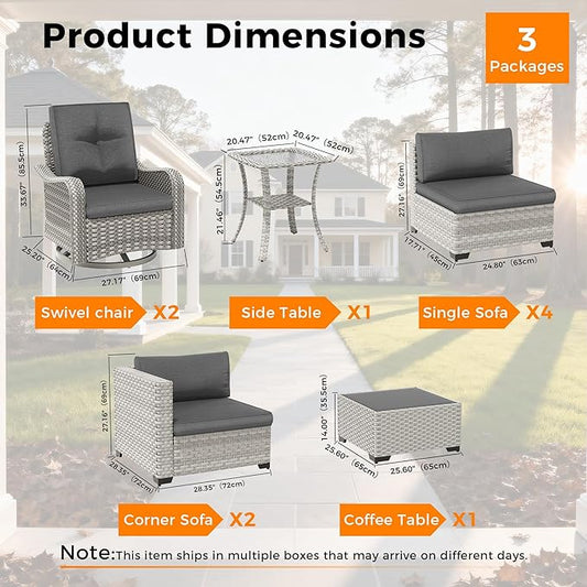 8-Seat Modern Patio Furniture Set with Swivel Rocking Chairs, Thick 4″ Cushions, Dual-Strand Wicker Rattan, Rust-Resistant Steel Frame – Outdoor Conversation & Modular Sectional,Black