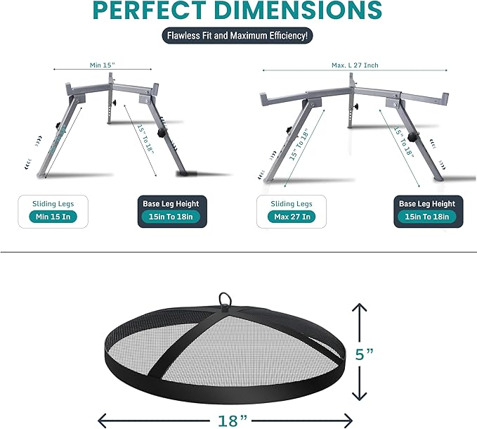 FEBTECH - 18" Spark Screen, Adjustable Fire Pit Stand Combo Compatible with Solo Stove Bonfire - 2 Piece Smokeless Firepit Accessories for Camping, Patio, Backyard