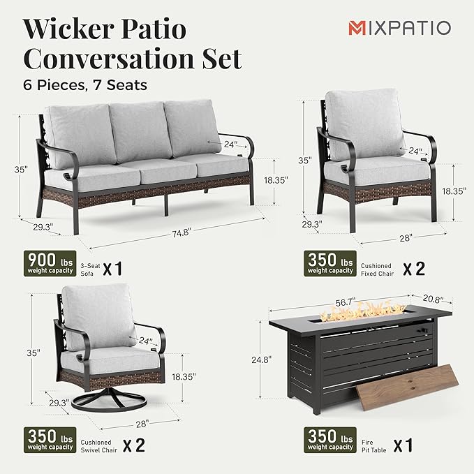 Patio Furniture Set with Firepit Table, Black Frame Outdoor Conversation Set with 2 x Fixed Chairs, 2 x Swivel Chairs, 1 x 3-Seat Sofa for Lawn Garden Backyard, Light Grey