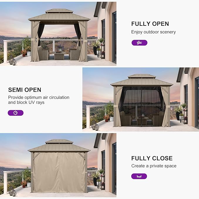 PURPLE LEAF 8' x 10' Outdoor Hardtop Gazebo, Champagne Small Aluminum Gazebo with Galvanized Steel Double Roof, Curtains and Netting for Patio Lawn and Garden