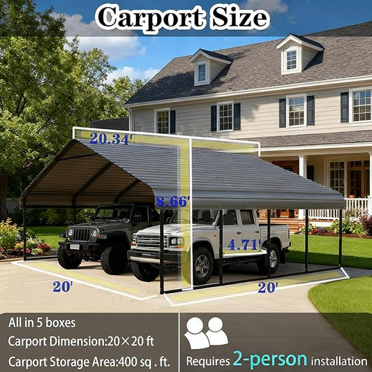 Heavy Duty Metal Carport Galvanized Steel Carport Shelter for 2 Car Extra Large Canopy for Dual Vehicle, RV Boat Storage All Weather Protection Garage Party Tent (20x20 FT)