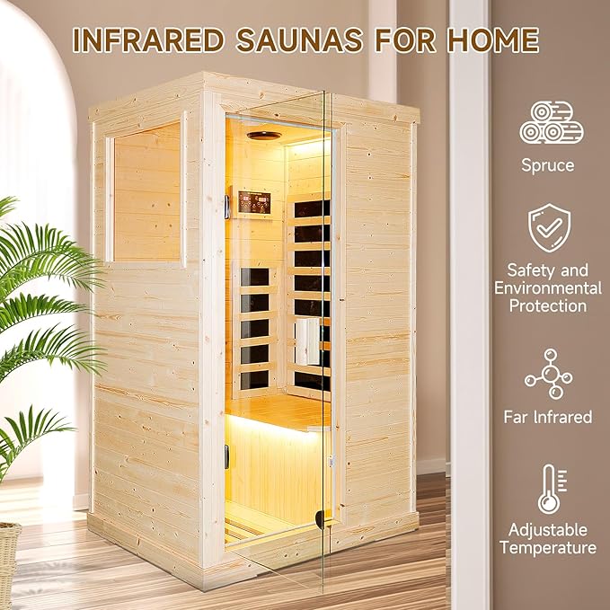 RIGO Sauna Infrared Far Infrared Sauna for Home 1 Person Sauna with Spruce Wood Dry Sauna for Home Sauna Room Low EMF Indoor Sauna for One Person in Home Sauna 900W with Speakers