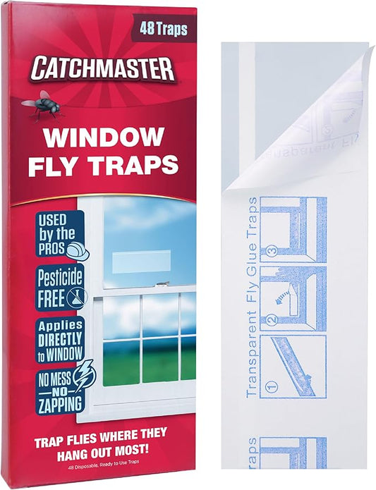Catchmaster Window Fly Traps 48-Pack, Fruit Fly Traps for Indoors, Disposable Bulk Bug Catcher, Waterproof Insect Glue Trap, Adhesive Strips, Pest Control for Home, Kitchen, & Garage