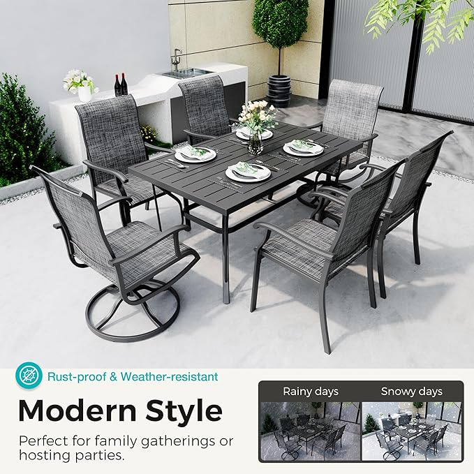 7-Piece Outdoor Dining Set, Patio Furniture Set with 2 Textilene Swivel Chairs & 4 Regular Chairs,Patio Dining Set with 1 Rectangular Table for Garden, Backyard, Poolside, Deck, Charcoal
