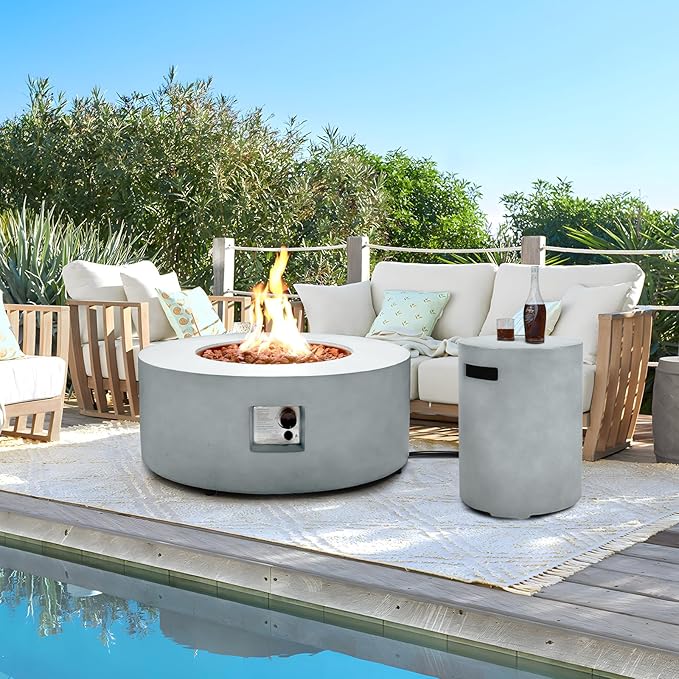 36 Inch Round Fire Pit Table,Propane Fire Pit Table Outdoor Firepit 2-Piece 50,000 BTU Gas Concrete Fire Pit Tank Cover CSA Certification w Lid,Lava Rocks, Rain Cover for Backyard & Deck