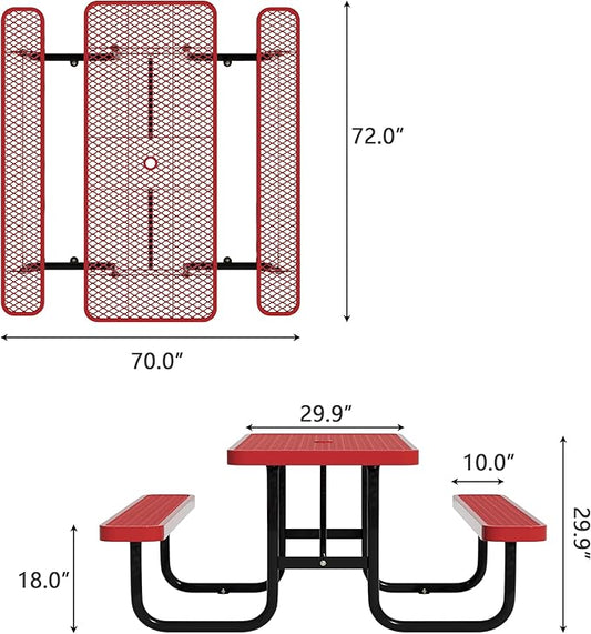 6FT Picnic Tables for Outdoors, Rectangular Commercial Metal Picnic Table Bench Set with Umbrella Hole,Heavy Duty Steel Weather-Resistant Dining Table for Patio Dining Garden Backyard BBQ School