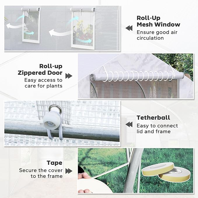 Outsunny 20' x 10' x 7' Outdoor Walk-in Greenhouse, Tunnel Green House with Roll-up Windows, Zippered Door, PE Cover, Heavy Duty Steel Frame, White