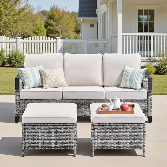 Outdoor Patio Furniture Sofa Set - 3 Pieces PE Wicker Patio Furniture Section Couch with Multifunctional Ottoman, All Weather Patio Conversation Set for Deck Balcony Garden Gray/Beige