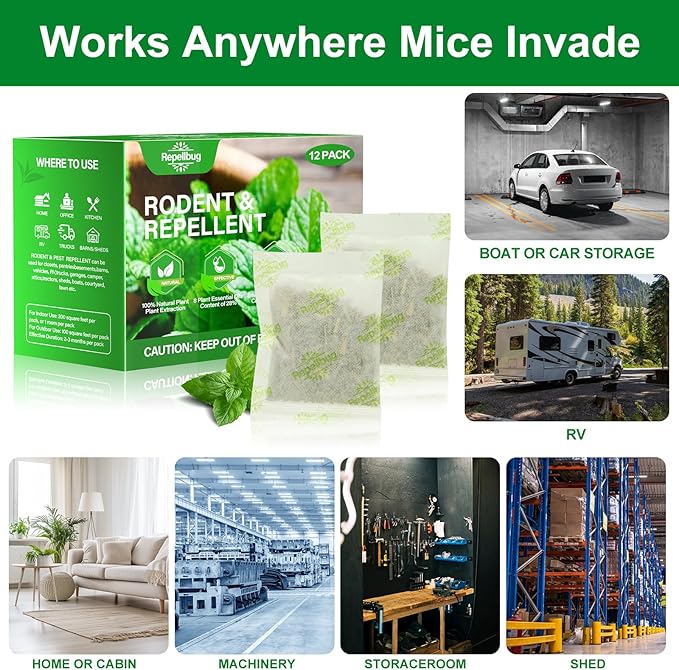 Pest Control Pouches, 12 Pack Peppermint Oil for Mice Rodent Rats Squirrel Pests Repellent Indoor Outdoor Use, Rodent Rat Mouse Deterrent Family Pet Safe Ideal for House Garage Warehouse