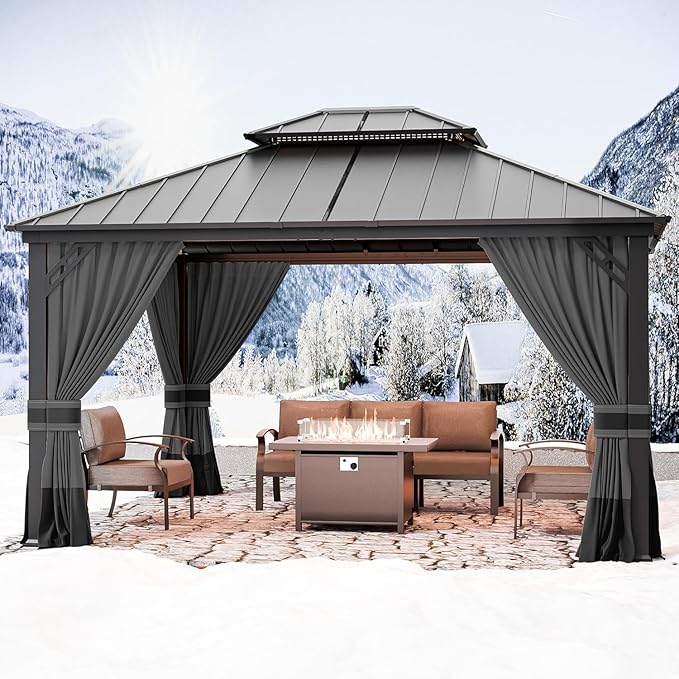 12’x14’ Hardtop Gazebo Outdoor Aluminum Frame Permanent Gazebo Galvanized Steel Double Roof Pergola with Nettings and Curtains for Patio, Lawns,Backyard, Deck,Grey