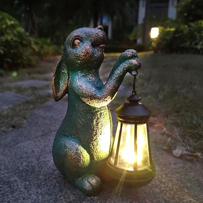 RCTTICUU Rabbit Garden Statue Outdoor Décor with Solar Lights Lantern,Rabbit Solar Light Figurines Outside Decorations for Yard，Lawn, Patio, Balcony, Unique Housewarming Gifts