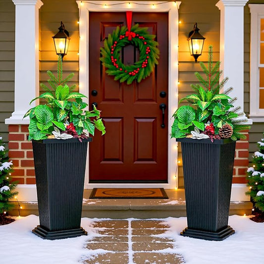 FENCY Set of 2 Tall Planters for Outdoor Plants, 24 Inch Large Tapered Pots with Drainage Trays, Weather-Resistant Plastic Plant Containers for Patio, Porch, Garden, Front Door Decor,Black,Striped