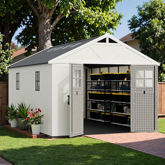 Greesum 10×14 FT Plastic Outdoor Storage Shed with Floor and Lockable Door, Resin Sheds with Windows and Skylights, Weather Resistant Organization for Garden, Lawn, Pool Supplies, Beige