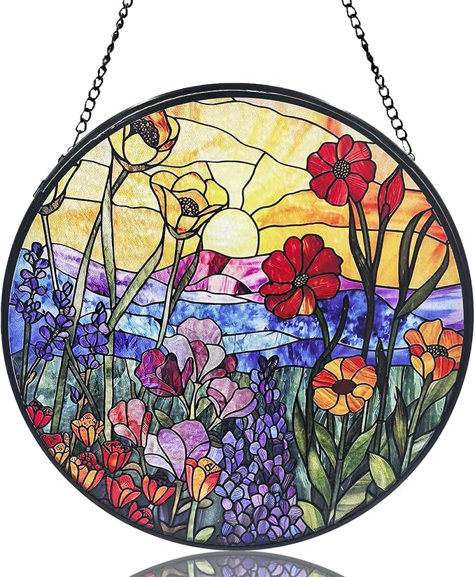 Stained Glass Sun Catcher,Wild FlowersStained Glass Window Hanging Garden Decor,Sun Catchers Indoor Window,Whimsical Decoration for Home Backyard Patio Lawn Porch with 6.3 INCH