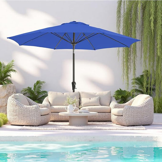 9FT Large Outdoor Patio Umbrella Market Table Umbrella-UV Resistant, Easy Push Button Tilt and Crank, 8 Sturdy Ribs Heavy-Duty Pool Umbrella for Deck,Blue