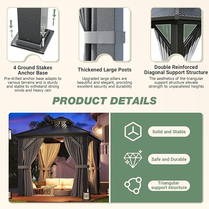 Besteagle 8’ x 8’ Hardtop Gazebo, Heavy Duty Aluminum Frame Outdoor Gazebo with Double Galvanized Steel Roof, Curtains & Netting Included, All-Weather Metal Gazebo for Patio, Lawn, Backyard