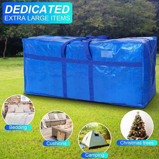 Windyun 4 Pack 69 Gallon Extra Large Storage Bags XXL Moving Bags with Zipper Handles Heavy Duty Jumbo Big Tote Box for Christmas Tree Storage 4, 5, 7.5, 9, 10, 12 ft Skeleton College Dorm(Blue)