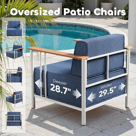 Luxury Patio Chairs with 10" Extra Thick Cushions, Outdoor Chairs with Ottomans, 4 PCS Outdoor Furniture Set for Porch, Balcony, Deck, Patio, Yard, Poolside, White/Blue