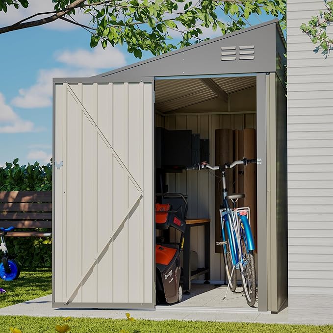 4x7 FT Outdoor Storage Shed Lean to Shed,Metal Shed W/Lockable Door & Air Vent,All Weather Waterproof Garden Tool House W/Reversible Installation,for Backyard,Patio,Lawn,Olive Gray