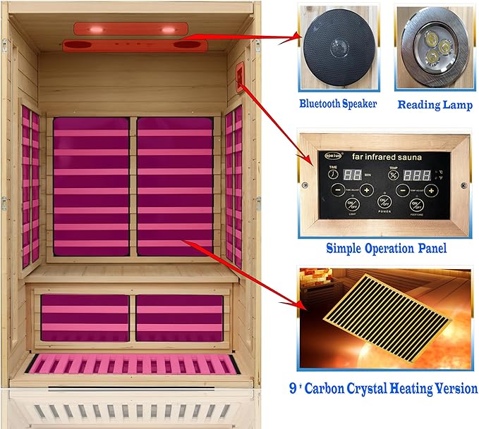 LTCCDSS Far Infrared Sauna 2 People, Low EMF Indoor Sauna for Home, Canadian Hemlock，43.2 * 38.3 * 73 in，1750W, 9 Low EMF Heaters，2 Bluetooth Speakers, 2 LED Reading Lights