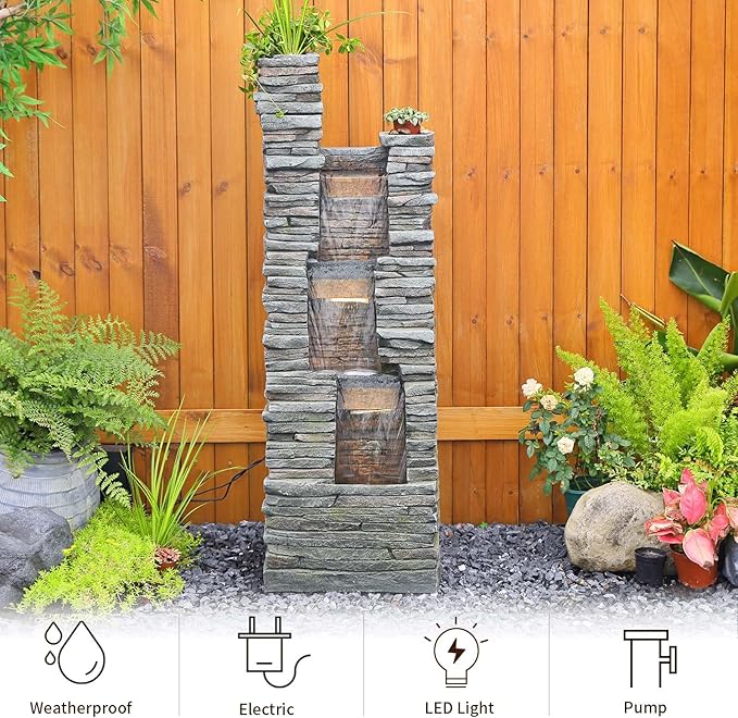 Bumilgar 47" H Garden Water Fountain Outdoor with LED Lights & Pump, 3-Tier Cascading Outdoor Fountain for Garden,Patio,Porch,Backyard,Home Art Decor (Gray)
