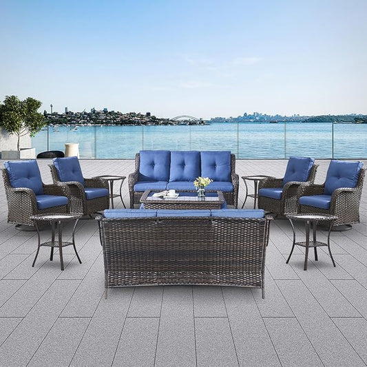 Belord Wicker Patio Furniture Sets - 13 Piece Outdoor Rattan Furniture Conversation Sets with 4 Swivel Rocker Chairs, 2 Rattan Sofas, Wicker Ottomans and Coffee Table, Brown/Blue