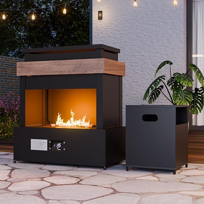 35'' Outdoor Propane Fireplace with Tank Storage, CSA Certified 50,000 BTU Patio Firepit with Dust Cover for Garden, Backyard and Balcony, Gray/Beige