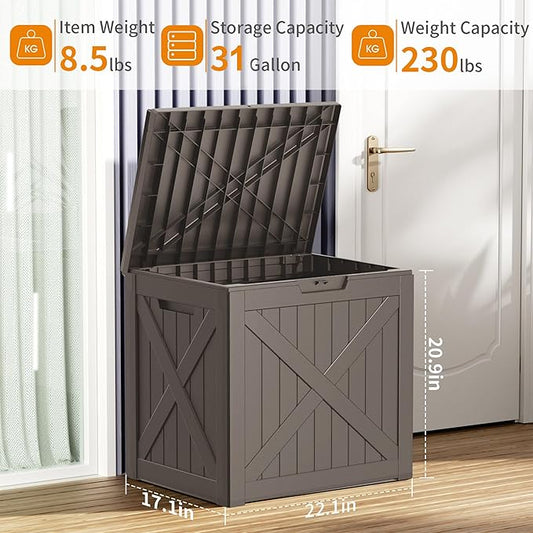 31 Gallon Outdoor Storage Box, Large Resin Deck Box for Patio Cushions, Garden Tools, Pool Accessories, Waterproof and Lockable Design, Storage Bench for Backyard & Deck(Gray)