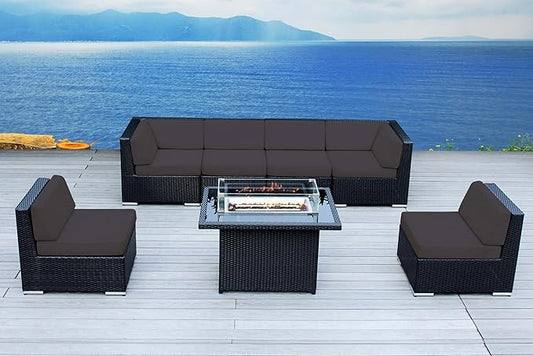 7 Piece Outdoor Patio Furniture Black Wicker Sunbrella Coal Conversation Set with Fully Assembled Sectional and 42-inch Propane Gas Fire Table