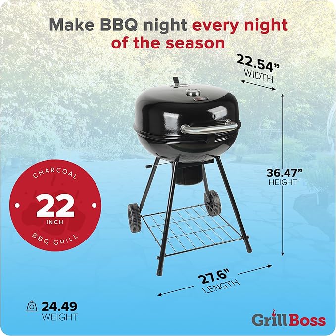 Grill Boss Charcoal Kettle Grill with Large 22-Inch Cooking Area - Includes Warming Rack, Bottom Storage Shelf, Ash Catcher & Wheels for Outdoor BBQ, Tailgating, Camping & Backyard Grilling