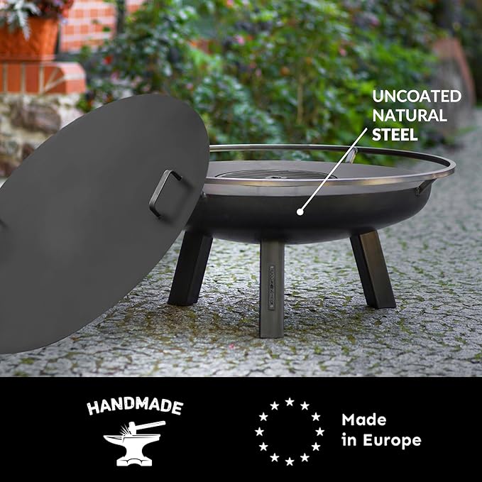 Ember 32" Handcrafted Cooking Fire Pit, Cooking Grill Plate Attachment and Cover Lid Attachment for Wood Burning for Backyard Grilling Campfire for Camping, Outdoor Steel, Good Directions Firepit