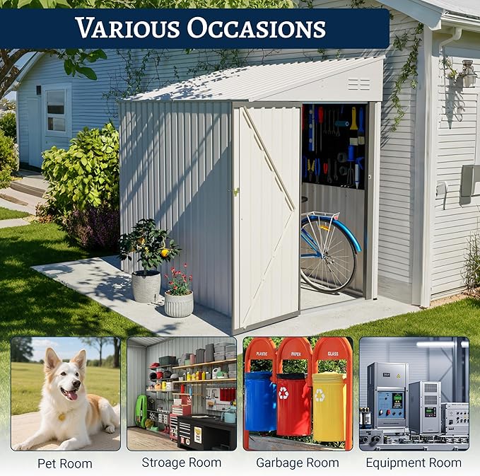 4x7 FT Outdoor Storage Shed Lean to Shed,Metal Shed W/Lockable Door & Air Vent,All Weather Waterproof Garden Tool House W/Reversible Installation,for Backyard,Patio,Lawn,White