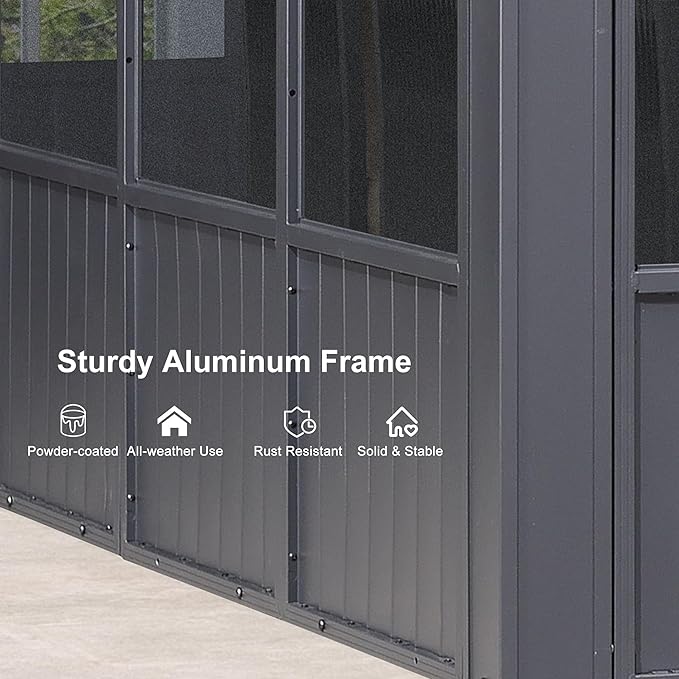 PURPLE LEAF 10' X 15' Enclosed Gazebo Outdoor Sunroom Solarium Permanent Hardtop Screened Gazebo Galvanized Steel Double Roof Aluminum Patio Enclosure for Lawn Deck Backyard Grey