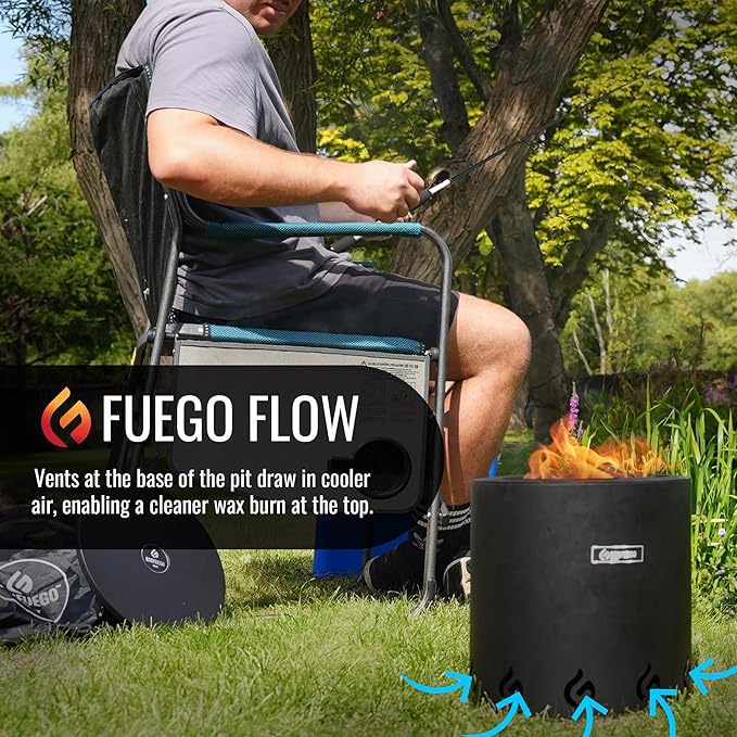 El Campo Portable Wax-Burning Fire Pit – Clean-Burning, No-Wood Fuel with 8-Hour Wax Refill – Compact and Durable for Camping, Travel, and Outdoor Use – Matte Black Finish